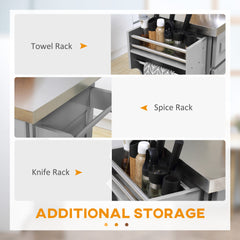 Rolling Kitchen Island Cart with Wheels, Portable Island Table for Kitchen with Stainless Steel Top, Adjustable Shelves, 2 Drawers, Spice, Knife and Towel Rack, Gray