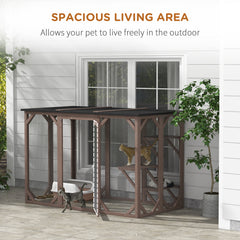 Outdoor Cat House, Catio Wooden Feral Cat Shelter, Cat Cage with Platforms, Large Enter Door, Weather Protection Asphalt Roof, 71" L, Brown