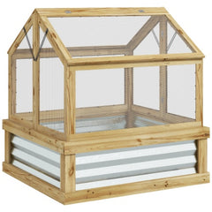 Outsunny Raised Garden Bed With Polycarbonate Greenhouse, Garden Wooden Cold Frame Greenhouse Flower Planter Protection, Peak Roof, 35.5x 31.5 X 36, Natural