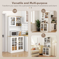 Kitchen Pantry Cabinet, 72" Freestanding Storage Cabinet with Hutch, Large Countertop, Glass Doors and Adjustable Shelves, Microwave Cabinet, Coffee Bar Cabinet for Dining Room, White