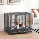 43" Heavy Duty Dog Crate Metal Cage Kennel with Lockable Wheels, Double Door and Removable Tray, Gray