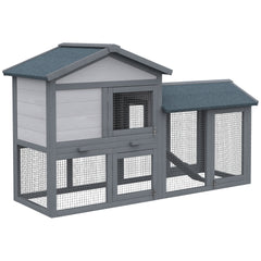 58" Large Rabbit Hutch Outdoor Indoor, Wooden Bunny Hutch, Guinea Pig Cage with Run, Removable Tray, Asphalt Roof, Lockable Doors and Ramp, for 1-2 Small Rabbits, Chickens, Ducks, Dark Gray
