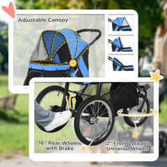 3 Wheels Pet Stroller for Small Dogs and Medium Dogs with Adjustable Canopy, Safety Tether, Storage Basket, Blue