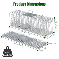 Live Animal Trap Cage 27x7.5x8in Folding Catch And Release Steel Humane Cat Trap For Racoons Stray Cats Rabbits Beavers Hedgehogs Chipmunk Small Animals