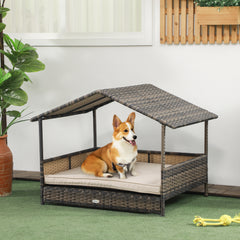 Wicker Dog House with Removable Cushion Lounge, Khaki