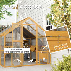 Wooden Catio Outdoor Cat Enclosure, Large Cat House with Waterproof Cover, 2 Condos, 6 Platforms, Bridge, Doors, Yellow