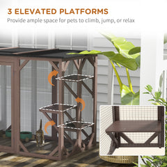 Outdoor Cat House, Catio Wooden Feral Cat Shelter, Cat Cage with Platforms, Large Enter Door, Weather Protection Asphalt Roof, 71" L, Brown