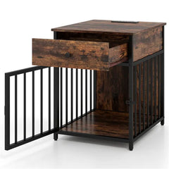 Black+Brown 2-in-1 Dog Crate End Table With Charging Station, Chew-Resistant Metal Tube Pet Furniture For Small Dogs Under 25 Lbs