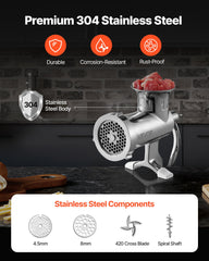 Manual Meat Grinder, All Parts Stainless Steel, Hand Operated Meat Grinding Machine With Tabletop Clamp, 2 Grinding Plates & Sausage Stuffer, Ideal For Home Kitchen Restaurant Butcher’s Shop