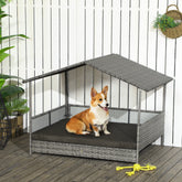 Outdoor Dog Bed with Canopy, Rattan Dog Bed with Soft Cushion Removable Cover for Medium and Large Dogs, Charcoal Gray
