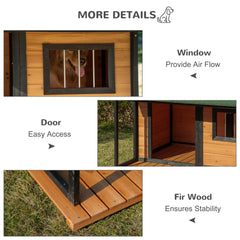 Outdoor Dog House Cabin Style, Wooden Raised Pet Kennel with Asphalt Roof, Front Door, Side Window, Porch for Medium and Large Dogs, Gray
