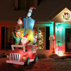 9ft Christmas Inflatables Outdoor Decorations Santa Claus Drives a Gift Car with Elk, Elf and Two Penguins, Blow-Up LED Yard Christmas Decor for Garden, Lawn
