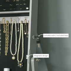 Full-Length Mirror Jewelry Storage Armoire W Lockable Door & Key, Gray