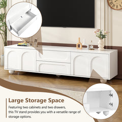 ON-TREND Cream Style TV Stand With Arched Doors 2 Drawers For TVs Up To 75, Minimalist Media Console With Rebound Device, Entertainment Center With 5 Iron Round Legs For Living Room, Bedroom, White