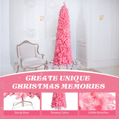 7.5 FT Hinged Christmas Tree, Artificial Pencil Christmas Tree, Unlit Artificial Christmas Pine Tree With 1075 Branch Tips And Sturdy Stand, Pink