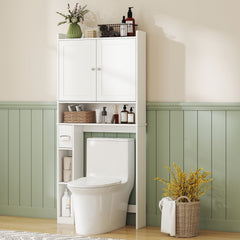 Modern Over the Toilet Storage Cabinet with 2 Doors, Above Commode Storage Cabinet with Toilet Paper Holder, White