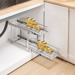 2-Tier 8.5"Wx21"Dx15"H Wire Pull Out Cabinet Under Sink Organizer Drawer Basket, 10"Wx22"Dx18"H Install Size For Cabinet