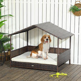 Outdoor Dog Bed with Canopy, Rattan Dog Bed with Soft Cushion Removable Cover for Medium and Large Dogs, Cream White