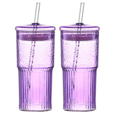 20 Oz 2-pack Purple Glass Straw Cup With Vertical Pattern Cup And Lid, High Borosilicate Heat-resistant Glass Cup For Juice, Milk And Cold Drinks