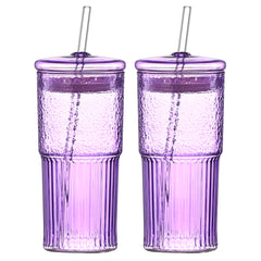 20 Oz 2-pack Purple Glass Straw Cup With Vertical Pattern Cup And Lid, High Borosilicate Heat-resistant Glass Cup For Juice, Milk And Cold Drinks