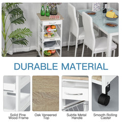 Mobile Kitchen Cart, Rolling Kitchen Island with Storage, Solid Wood Frame Utility Cart with Wire Fruit Baskets, Trays and Drawer, White