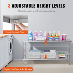 Stainless Steel Prep Table, 24 X 72 X 34 Inch, Heavy Duty Metal Worktable With 3 Adjustable Height Levels, Commercial Workstation For Kitchen Garage Restaurant Backyard