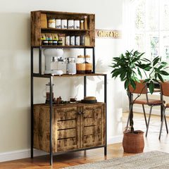 Baker's Rack with Power Outlet and Storage Shelves, Microwave Stand with Louvred Door Cabinets, Rustic Brown