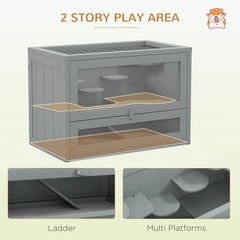 2-Level Hamster Cage with Openable Top, Door, Shelf, Ladder, Gray