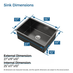 Stainless Steel Kitchen Sink, 27 X 19 Inch Single Bowl Undermount Sink, Handmade Black Kitchen Sink With US Standard Drain And Accessories