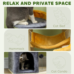 63 Inch Moon and Star Themed Cat Tree with Scratching Post, Hammock, Condo, Bed, Scratching Board & Cat Toys, Beige