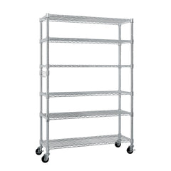 6-Tier Modular Shelving Unit With 1 Row Of Side Hooks Features Adjustable Feet And Casters Iron Construction Freely Adjustable Shelf Spacing Home Shelving Unit 117x45x208cm Silver Paint Finish