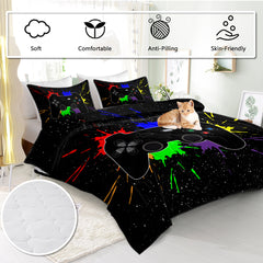 Black Video Game Comforter For Girls Boys Red Blue Green Purple Yellow Ink Game Controller Bedding Boy Bedroom Living Bed Decor With 1 Comforter 2 Pillow Shams