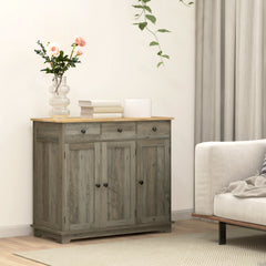 Kitchen Storage Cabinet, Sideboard Floor Cupboard with Solid Wood Top, Adjustable Shelf, and 3 Drawers, Distressed Gray