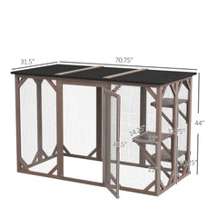 Outdoor Cat House, Catio Wooden Feral Cat Shelter, Cat Cage with Platforms, Large Enter Door, Weather Protection Asphalt Roof, 71" L, Brown