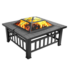 32 Inch Multifunctional Fire Pit Table Square Metal Firepit Stove Backyard Patio Garden Fireplace For Camping, Outdoor Heating, Bonfire And Picnic
