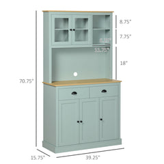 Kitchen Pantry Storage Cabinet with Microwave Stand, 71" Modern Kitchen Hutch with Open Countertop, Glass Doors, Storage Drawers and Adjustable Shelves for Dining Room, Coffee Bar, Light Blue
