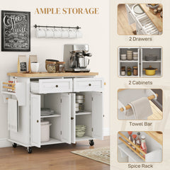 Kitchen Island on Wheels, Rolling Cart with Rubberwood Top, Spice Rack, Towel Rack and Drawers, Cream White