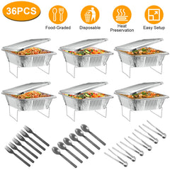 36Pcs Per Set Disposable Chafing Dish Buffet Set Food Warmers For Party Buffet Server Catering Supplies With Covers Utensils Half Size Food Pans For Parties Events BBQ Catering