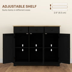 Kitchen Storage Cabinet, Sideboard Floor Cupboard with Solid Wood Top, Adjustable Shelf, and 3 Drawers, Black Wood Grain