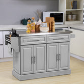 Rolling Kitchen Island Cart with Wheels, Portable Island Table for Kitchen with Stainless Steel Top, Adjustable Shelves, 2 Drawers, Spice, Knife and Towel Rack, Gray