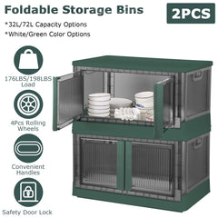 2Pc Foldable Storage Bins With Lid Collapsible Stackable Closet Organizer Containers With Front Door Lock 4Pcs Wheels 32L 72L Size Options
