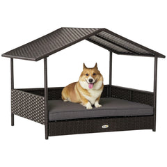 Wicker Dog House Outdoor with Canopy, Rattan Dog Bed with Water-resistant Cushion, Raised Pet Bed for Small, Medium Breeds up to 66 lbs, 20" in Length, Brown Wicker, Gray Cushion