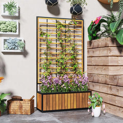 Wooden Raised Garden Bed With Trellis, Removable Pots For Backyard-Teak