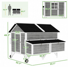 59" Wooden Chicken Coop w/ Wheels, Handles, 2 Nesting Boxes, 2 Trays, 4 Perches, Chicken Tractor for 4-6 Chickens, Gray