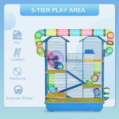 18.5" 5 Tier Hamster Cage with Tubes and Tunnels, Small Animal Cage, Rat Gerbil Cage with Water Bottle, Food Dish, Exercise Wheel, Blue