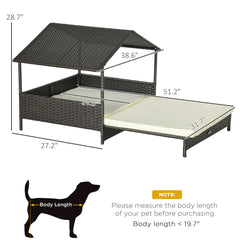 Outdoor Dog Bed Extendable Wicker Dog Bed w/ Waterproof Roof, Soft Cushion, for Small and Medium Dogs, Cream White