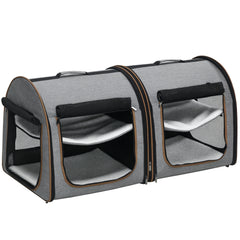39" Portable Soft-Sided Cat Carrier, Cat Kennel, Travel Dog Crate with Divider, Two Compartments, Soft Cushions & Storage Bag, Easy to Fold, Light Gray