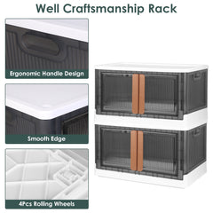 2Pc Foldable Storage Bins With Lid Collapsible Stackable Closet Organizer Containers With Front Door Lock 4Pcs Wheels 32L 72L Size Options