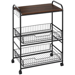 3 Tier Rolling Kitchen Cart with Storage, Kitchen Island Cart on Wheels with 2 Sliding Fruit Basket, Microwave Cart with Side Hooks for Dining Room, Walnut