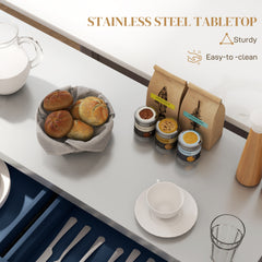 Rolling Kitchen Island with Stainless Steel Top, 2 Drawers, Spice, Knife and Towel Rack and Cabinets, Navy Blue